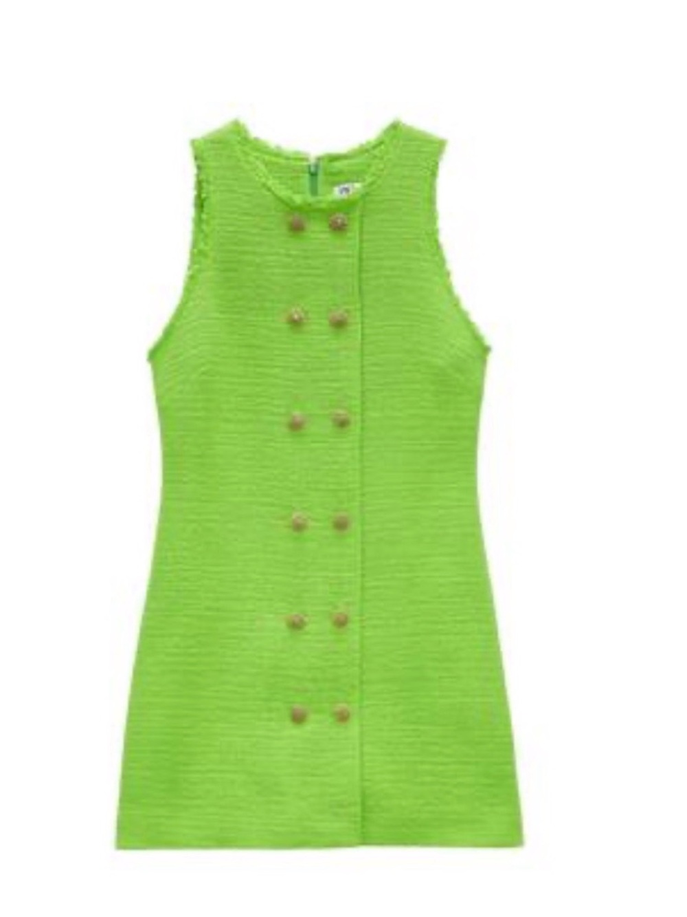 Zara Neon Lime Frayed Tweed Dress with Gold-Tone Buttons - Picture 3 of 6